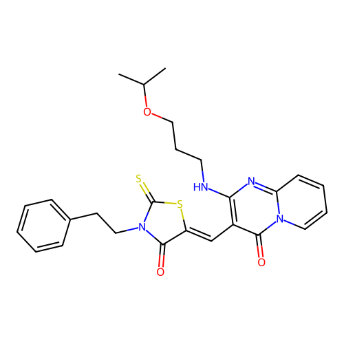 3-{(Z)-[4-oxo-3-(2-phenylethyl)-2-thioxo-1,3-thiazolidin-5-ylidene]methyl}-2-{[3-(propan-2-yloxy)propyl]amino}-4H-pyrido[1,2-a]pyrimidin-4-one structure