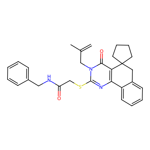 N-benzyl-2-((3-(2-methylallyl)-4-oxo-4,6-dihydro-3H-spiro[benzo[h]quinazoline-5,1'-cyclopentan]-2-yl)thio)acetamide structure