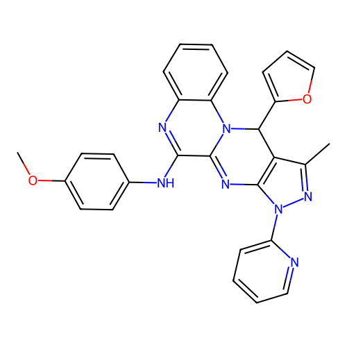 11-(furan-2-yl)-N-(4-methoxyphenyl)-10-methyl-8-(pyridin-2-yl)-8,11-dihydropyrazolo[3',4':4,5]pyrimido[1,2-a]quinoxalin-6-amine structure