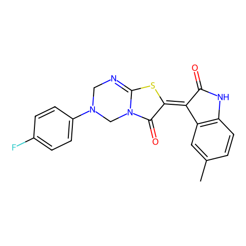 (7Z)-3-(4-fluorophenyl)-7-(5-methyl-2-oxo-1,2-dihydro-3H-indol-3-ylidene)-3,4-dihydro-2H-[1,3]thiazolo[3,2-a][1,3,5]triazin-6(7H)-one structure