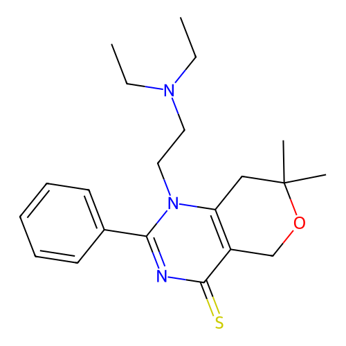 1-(2-(diethylamino)ethyl)-7,7-dimethyl-2-phenyl-7,8-dihydro-1H-pyrano[4,3-d]pyrimidine-4(5H)-thione structure