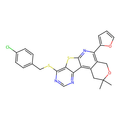 8-((4-chlorobenzyl)thio)-5-(furan-2-yl)-2,2-dimethyl-2,4-dihydro-1H-pyrano[4'',3'':4',5']pyrido[3',2':4,5]thieno[3,2-d]pyrimidine structure