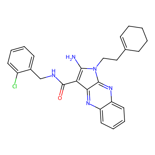 2-amino-N-(2-chlorobenzyl)-1-(2-(cyclohex-1-en-1-yl)ethyl)-1H-pyrrolo[2,3-b]quinoxaline-3-carboxamide structure