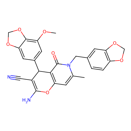 2-amino-6-(benzo[d][1,3]dioxol-5-ylmethyl)-4-(7-methoxybenzo[d][1,3]dioxol-5-yl)-7-methyl-5-oxo-5,6-dihydro-4H-pyrano[3,2-c]pyridine-3-carbonitrile structure