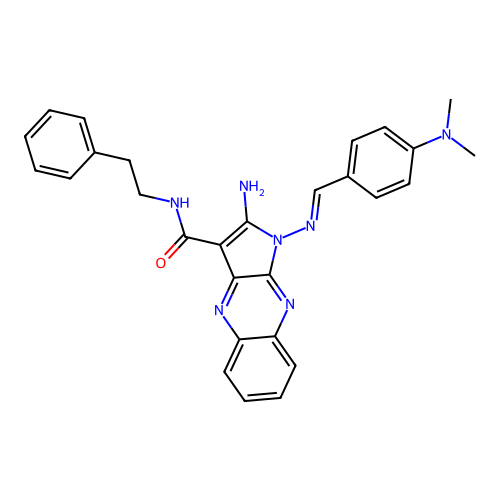(E)-2-amino-1-((4-(dimethylamino)benzylidene)amino)-N-phenethyl-1H-pyrrolo[2,3-b]quinoxaline-3-carboxamide structure