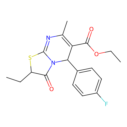 ethyl 2-ethyl-5-(4-fluorophenyl)-7-methyl-3-oxo-2,3-dihydro-5H-[1,3]thiazolo[3,2-a]pyrimidine-6-carboxylate structure