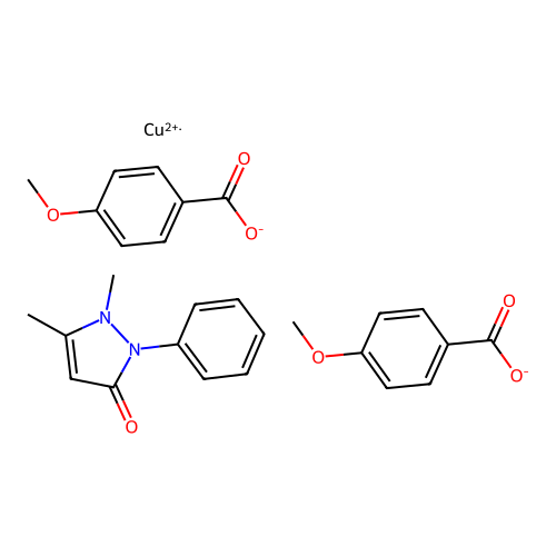 Copper, (1,2-dihydro-1,5-dimethyl-2-phenyl-3H-pyrazol-3-one-O)bis(4-methoxybenzoato-O(sup 1))- structure