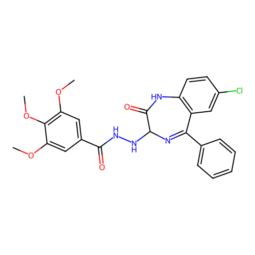 Benzoic acid, 3,4,5-trimethoxy-, 2-(7-chloro-2,3-dihydro-2-oxo-5-phenyl-1H-1,4-benzodiazepin-3-yl)hydrazide structure