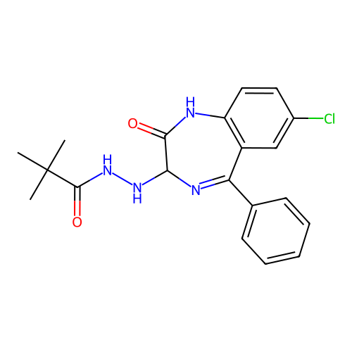 Propanoic acid, 2,2-dimethyl-, 2-(7-chloro-2,3-dihydro-2-oxo-5-phenyl-1H-1,4-benzodiazepin-3-yl)hydrazide structure