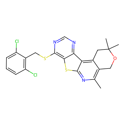 8-((2,6-dichlorobenzyl)thio)-2,2,5-trimethyl-2,4-dihydro-1H-pyrano[4'',3'':4',5']pyrido[3',2':4,5]thieno[3,2-d]pyrimidine structure