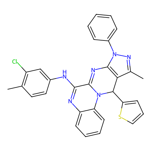 N-(3-chloro-4-methylphenyl)-10-methyl-8-phenyl-11-(thiophen-2-yl)-8,11-dihydropyrazolo[3',4':4,5]pyrimido[1,2-a]quinoxalin-6-amine structure