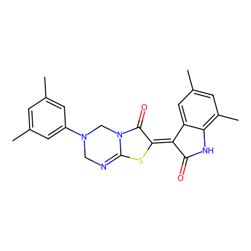 (7Z)-7-(5,7-dimethyl-2-oxo-1,2-dihydro-3H-indol-3-ylidene)-3-(3,5-dimethylphenyl)-3,4-dihydro-2H-[1,3]thiazolo[3,2-a][1,3,5]triazin-6(7H)-one structure