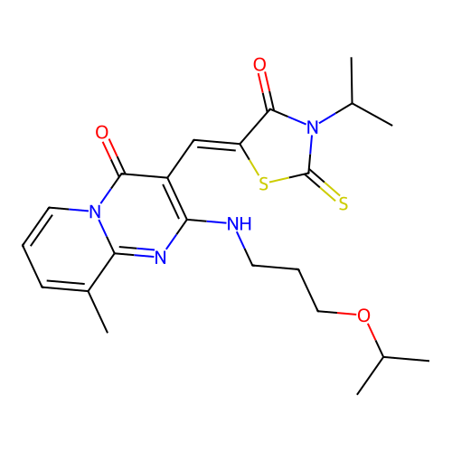 (Z)-5-((2-((3-isopropoxypropyl)amino)-9-methyl-4-oxo-4H-pyrido[1,2-a]pyrimidin-3-yl)methylene)-3-isopropyl-2-thioxothiazolidin-4-one structure