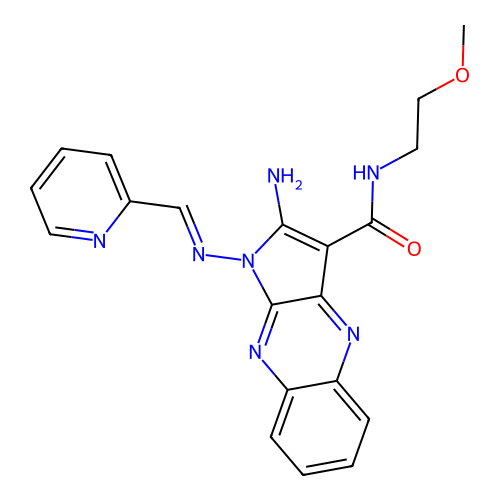 (E)-2-amino-N-(2-methoxyethyl)-1-((pyridin-2-ylmethylene)amino)-1H-pyrrolo[2,3-b]quinoxaline-3-carboxamide structure