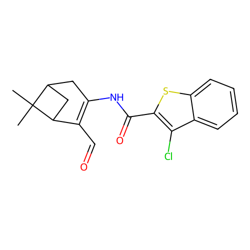 3-chloro-N-(2-formyl-6,6-dimethylbicyclo[3.1.1]hept-2-en-3-yl)-1-benzothiophene-2-carboxamide structure