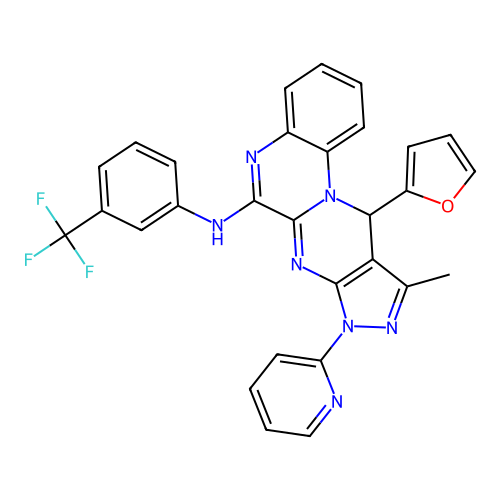 11-(furan-2-yl)-10-methyl-8-(pyridin-2-yl)-N-(3-(trifluoromethyl)phenyl)-8,11-dihydropyrazolo[3',4':4,5]pyrimido[1,2-a]quinoxalin-6-amine structure