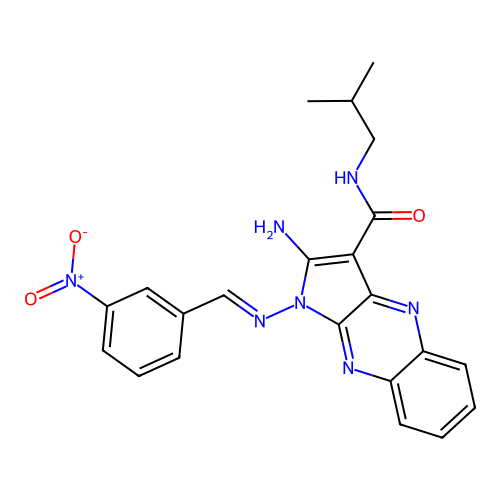 (E)-2-amino-N-isobutyl-1-((3-nitrobenzylidene)amino)-1H-pyrrolo[2,3-b]quinoxaline-3-carboxamide structure