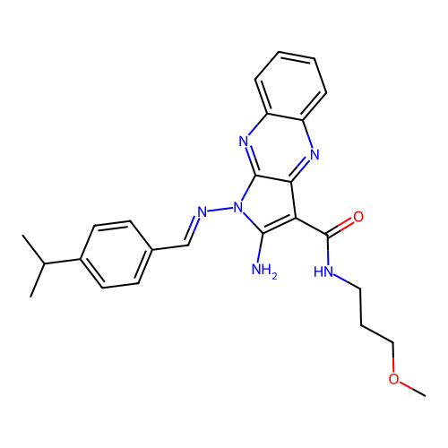 (E)-2-amino-1-((4-isopropylbenzylidene)amino)-N-(3-methoxypropyl)-1H-pyrrolo[2,3-b]quinoxaline-3-carboxamide structure