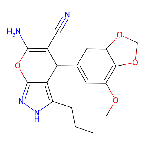 6-amino-4-(7-methoxy-1,3-benzodioxol-5-yl)-3-propyl-2,4-dihydropyrano[2,3-c]pyrazole-5-carbonitrile structure