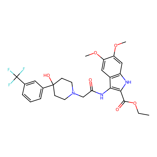 ethyl 3-(2-(4-hydroxy-4-(3-(trifluoromethyl)phenyl)piperidin-1-yl)acetamido)-5,6-dimethoxy-1H-indole-2-carboxylate structure
