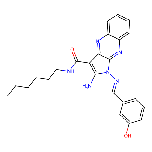 (E)-2-amino-N-hexyl-1-((3-hydroxybenzylidene)amino)-1H-pyrrolo[2,3-b]quinoxaline-3-carboxamide structure