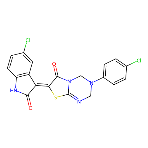 (Z)-7-(5-chloro-2-oxoindolin-3-ylidene)-3-(4-chlorophenyl)-3,4-dihydro-2H-thiazolo[3,2-a][1,3,5]triazin-6(7H)-one structure