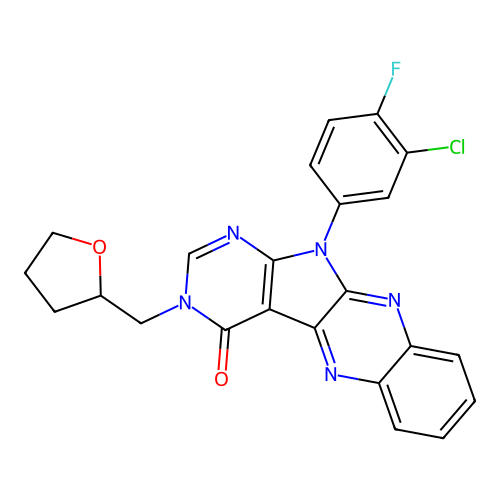 11-(3-chloro-4-fluorophenyl)-3-((tetrahydrofuran-2-yl)methyl)-3H-pyrimido[5',4':4,5]pyrrolo[2,3-b]quinoxalin-4(11H)-one structure