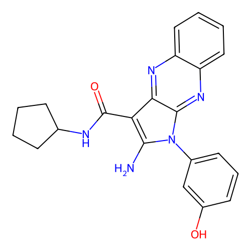 3-[2-ammonio-3-(cyclopentylcarbamoyl)-1H-pyrrolo[2,3-b]quinoxalin-1-yl]phenolate structure