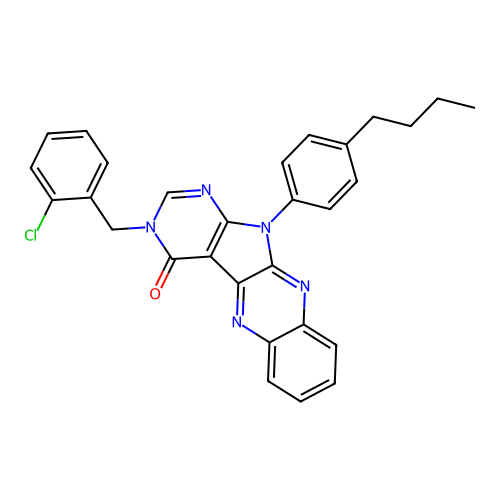 11-(4-butylphenyl)-3-(2-chlorobenzyl)-3H-pyrimido[5',4':4,5]pyrrolo[2,3-b]quinoxalin-4(11H)-one structure