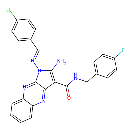(E)-2-amino-1-((4-chlorobenzylidene)amino)-N-(4-fluorobenzyl)-1H-pyrrolo[2,3-b]quinoxaline-3-carboxamide structure