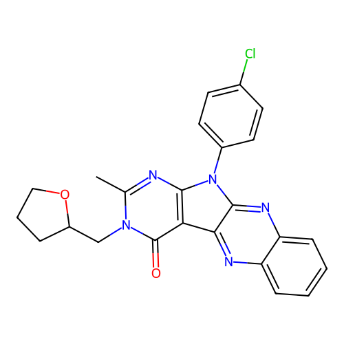 11-(4-chlorophenyl)-2-methyl-3-((tetrahydrofuran-2-yl)methyl)-3H-pyrimido[5',4':4,5]pyrrolo[2,3-b]quinoxalin-4(11H)-one structure