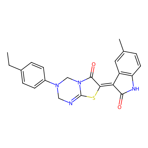 (7Z)-3-(4-ethylphenyl)-7-(5-methyl-2-oxo-1,2-dihydro-3H-indol-3-ylidene)-3,4-dihydro-2H-[1,3]thiazolo[3,2-a][1,3,5]triazin-6(7H)-one structure