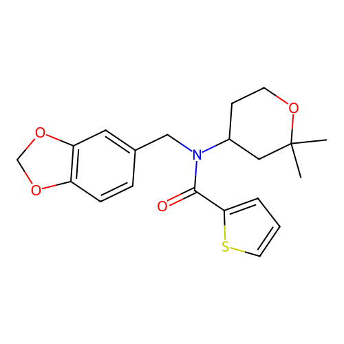 N-(1,3-benzodioxol-5-ylmethyl)-N-(2,2-dimethyloxan-4-yl)thiophene-2-carboxamide structure
