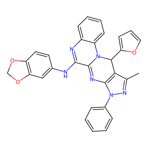 N-(benzo[d][1,3]dioxol-5-yl)-11-(furan-2-yl)-10-methyl-8-phenyl-8,11-dihydropyrazolo[3',4':4,5]pyrimido[1,2-a]quinoxalin-6-amine structure