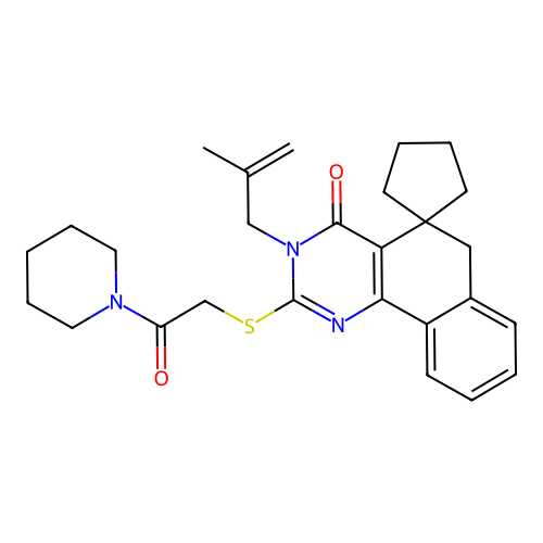 3-(2-methylallyl)-2-((2-oxo-2-(piperidin-1-yl)ethyl)thio)-3H-spiro[benzo[h]quinazoline-5,1'-cyclopentan]-4(6H)-one structure