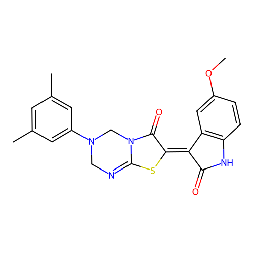 (7Z)-3-(3,5-dimethylphenyl)-7-(5-methoxy-2-oxo-1,2-dihydro-3H-indol-3-ylidene)-3,4-dihydro-2H-[1,3]thiazolo[3,2-a][1,3,5]triazin-6(7H)-one structure