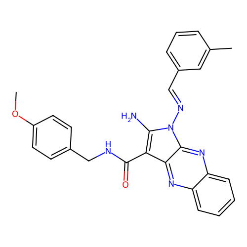 (E)-2-amino-N-(4-methoxybenzyl)-1-((3-methylbenzylidene)amino)-1H-pyrrolo[2,3-b]quinoxaline-3-carboxamide structure