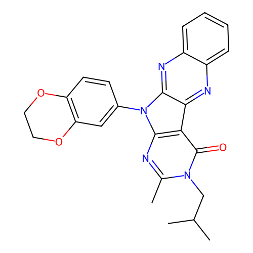 11-(2,3-dihydrobenzo[b][1,4]dioxin-6-yl)-3-isobutyl-2-methyl-3H-pyrimido[5',4':4,5]pyrrolo[2,3-b]quinoxalin-4(11H)-one structure