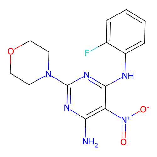 (6-Amino-2-morpholin-4-yl-5-nitropyrimidin-4-yl)(2-fluorophenyl)amine structure