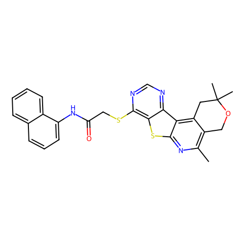 N-(naphthalen-1-yl)-2-((2,2,5-trimethyl-2,4-dihydro-1H-pyrano[4'',3'':4',5']pyrido[3',2':4,5]thieno[3,2-d]pyrimidin-8-yl)thio)acetamide structure