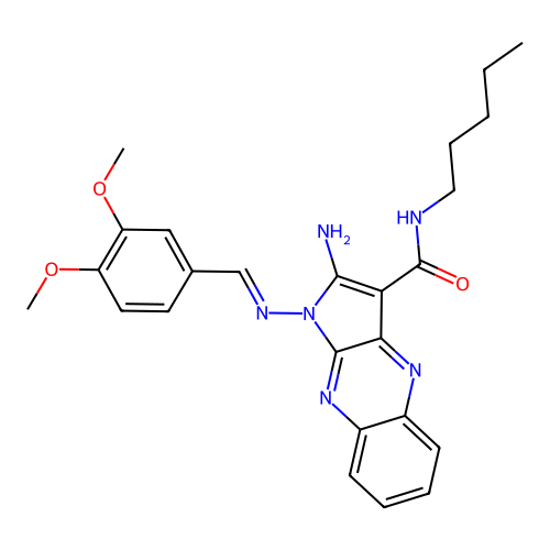 (E)-2-amino-1-((3,4-dimethoxybenzylidene)amino)-N-pentyl-1H-pyrrolo[2,3-b]quinoxaline-3-carboxamide structure