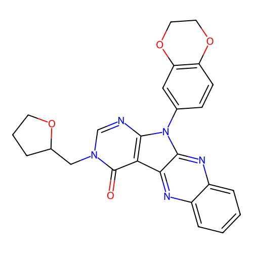 11-(2,3-dihydrobenzo[b][1,4]dioxin-6-yl)-3-((tetrahydrofuran-2-yl)methyl)-3H-pyrimido[5',4':4,5]pyrrolo[2,3-b]quinoxalin-4(11H)-one structure