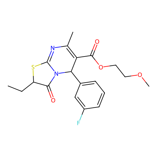 2-methoxyethyl 2-ethyl-5-(3-fluorophenyl)-7-methyl-3-oxo-2,3-dihydro-5H-[1,3]thiazolo[3,2-a]pyrimidine-6-carboxylate structure