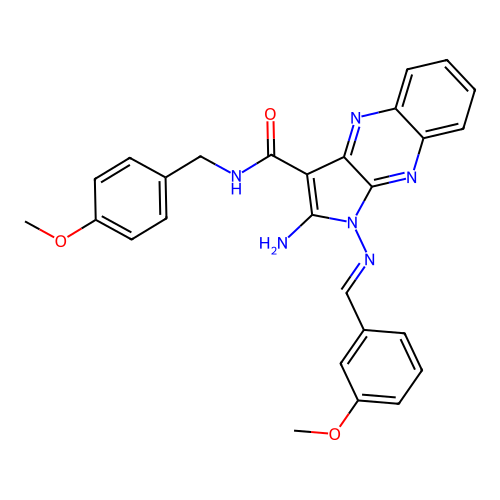 (E)-2-amino-N-(4-methoxybenzyl)-1-((3-methoxybenzylidene)amino)-1H-pyrrolo[2,3-b]quinoxaline-3-carboxamide structure