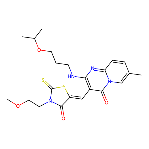 3-{(Z)-[3-(2-methoxyethyl)-4-oxo-2-thioxo-1,3-thiazolidin-5-ylidene]methyl}-7-methyl-2-{[3-(propan-2-yloxy)propyl]amino}-4H-pyrido[1,2-a]pyrimidin-4-one structure