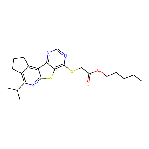 pentyl {[4-(propan-2-yl)-2,3-dihydro-1H-cyclopenta[4',5']pyrido[3',2':4,5]thieno[3,2-d]pyrimidin-7-yl]sulfanyl}acetate structure