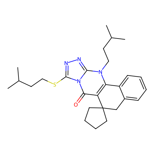 12-isopentyl-9-(isopentylthio)-5H-spiro[benzo[h][1,2,4]triazolo[3,4-b]quinazoline-6,1'-cyclopentan]-7(12H)-one structure