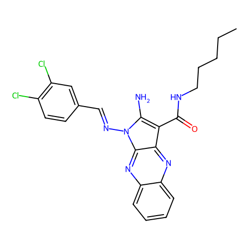 (E)-2-amino-1-((3,4-dichlorobenzylidene)amino)-N-pentyl-1H-pyrrolo[2,3-b]quinoxaline-3-carboxamide structure