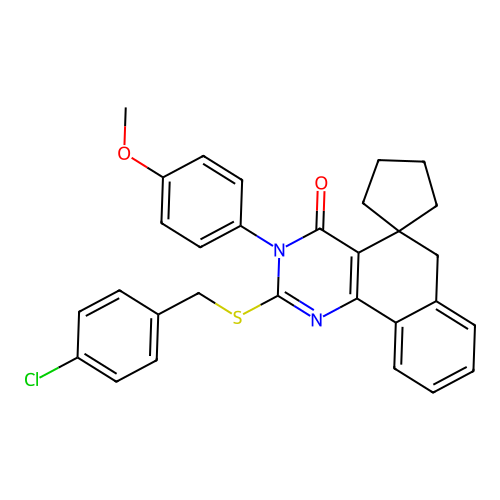 2-((4-chlorobenzyl)thio)-3-(4-methoxyphenyl)-3H-spiro[benzo[h]quinazoline-5,1'-cyclopentan]-4(6H)-one structure