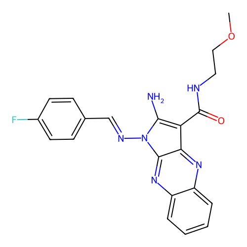 (E)-2-amino-1-((4-fluorobenzylidene)amino)-N-(2-methoxyethyl)-1H-pyrrolo[2,3-b]quinoxaline-3-carboxamide structure